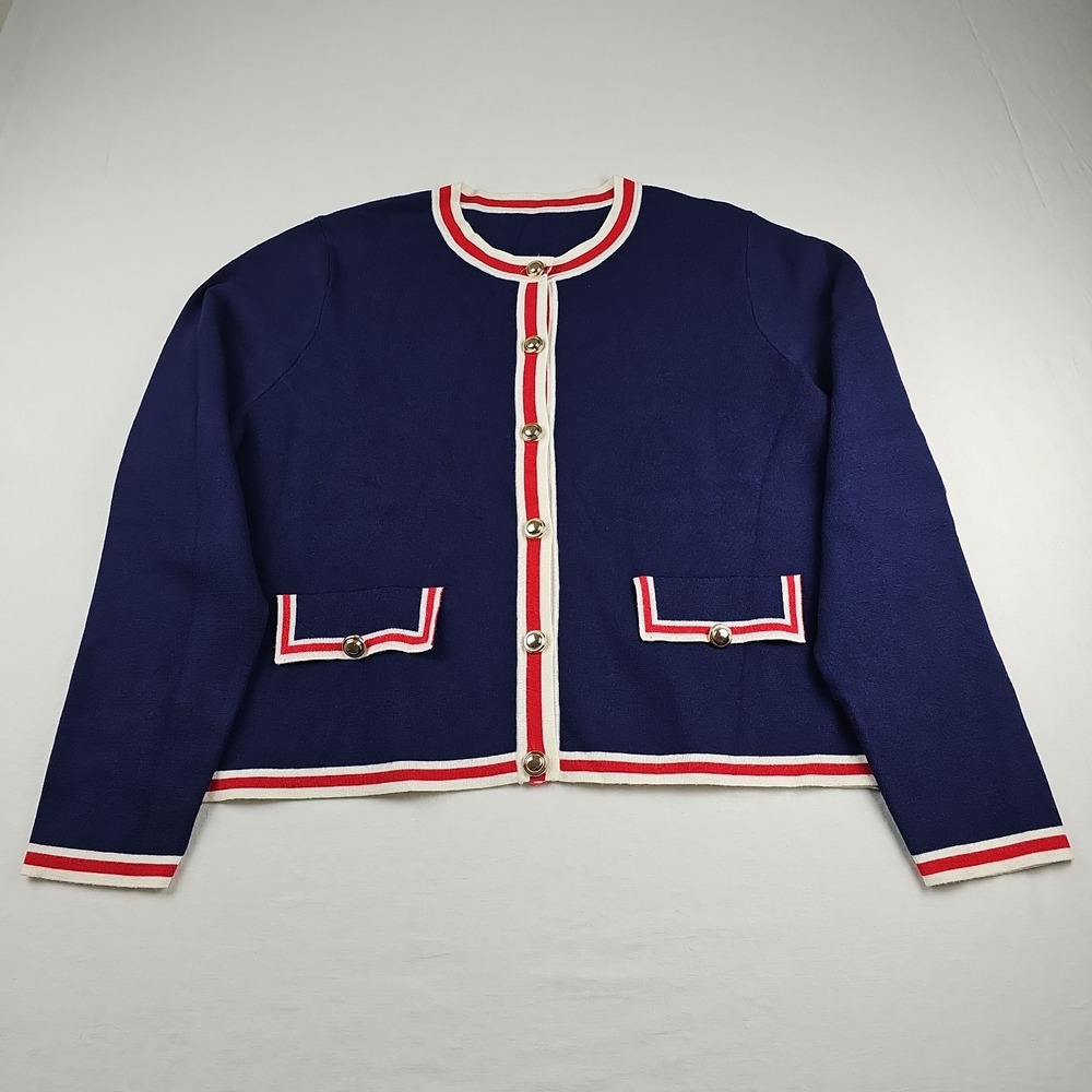 Women's Navy Red White Cardigan Sz M Gold Tone Button Up Sweater Long Sleeve